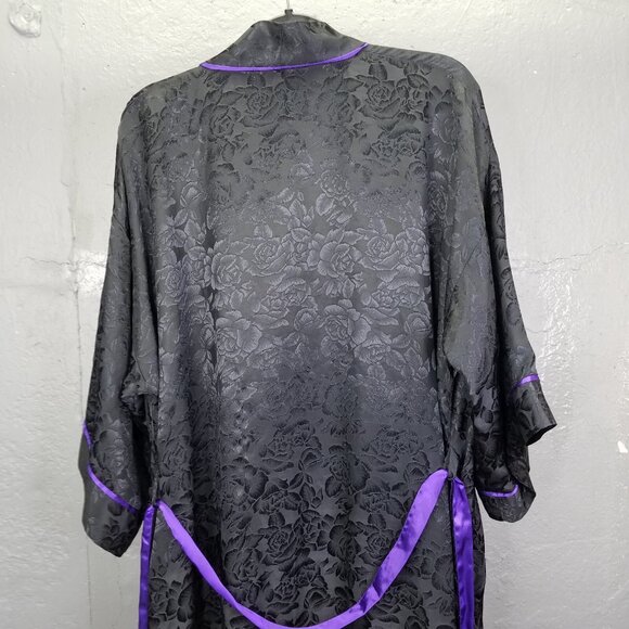 Vtg Victoria Secret Gold Label Robe One Size Satin Rose Black Purple Tie Kimono - Picture 8 of 15